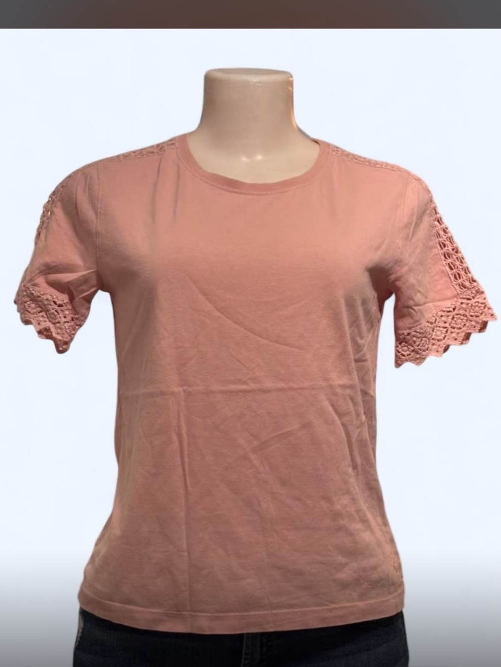 Jack Wills Dusty Pink Crochet Sleeve Short Sleeve Tee